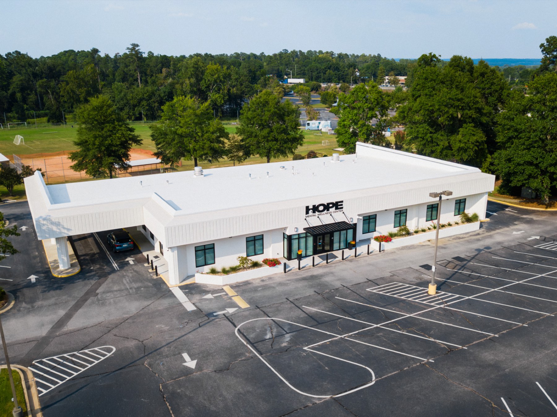 The white Hope Mental Wellness Center building on Washington Road, seen from above